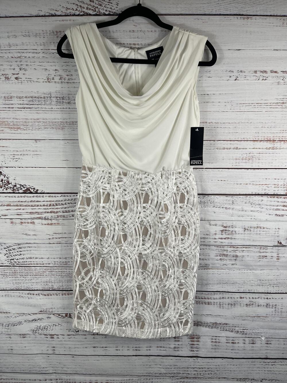 Adrianna Papell Dress Women's 4 Ivory Cowl Neck Lace Overlay Sheath Cocktail